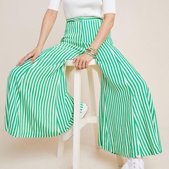 Anthropologie Women's Green and White Stripe Palazzo Pants Trousers Size 0 - Picture 1 of 10
